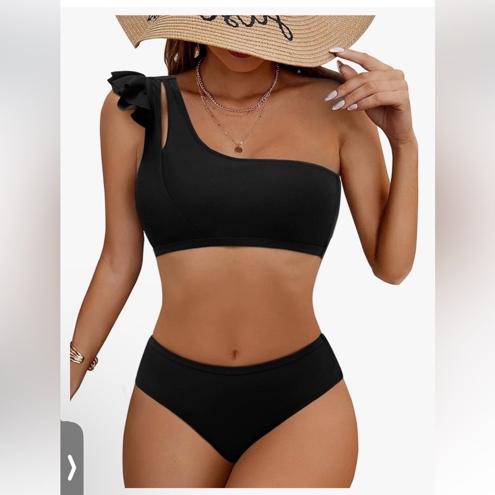 Black One-Shoulder ruffle trim Bikini 2 piece